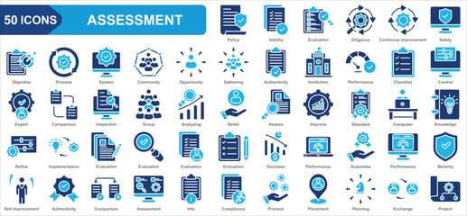Assessment collection icon set. Policy, Validity, Diligence, Continous improvement, Safety, Objective. Simple flat vector