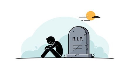 A solitary figure mourns beside a tombstone under a setting sun representing loss and remembrance.