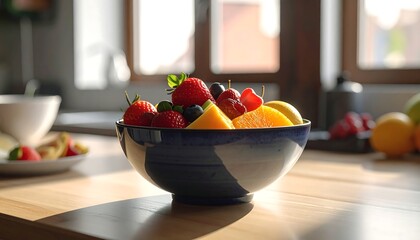 A vibrant blue bowl is filled with assorted fresh fruit strawberries, blueberries, and oranges sit on a wooden table, by a window