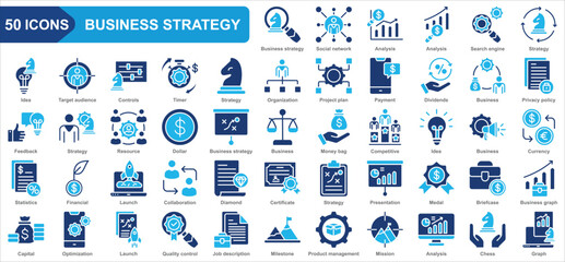 Business strategy collection icon set. Organization, Collaboration, Mission, Analysis, Strategy, Target audience, Dollar, Statistics. Simple flat vector.