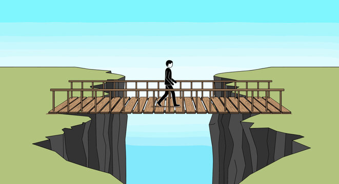 A solitary figure traverses a narrow wooden bridge spanning a deep chasm with flowing water below.