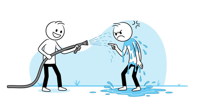 One person happily spraying another person with water from a hose.