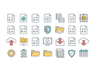 Collection of Colorful Data Management Icons for Business Solutions and Digital Workflow Simplification and Organization