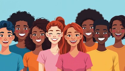 Diverse group of smiling people stand together. Various ethnicities and ages share joy. Young adults and friends express happiness, unity, and positive connection against blue backdrop.