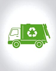 A stylized, green and white waste collection vehicle with a recycling symbol prominently displayed on its side. The background is a soft, gradient
