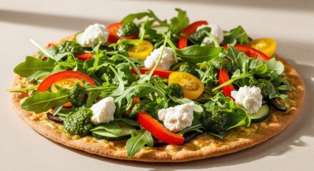 Delicious vegan pizza with fresh vegetables and pesto for world vegan day celebration