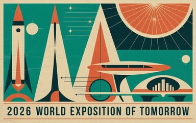 Retro-futuristic 2026 World Exposition of Tomorrow poster with rockets and future city.