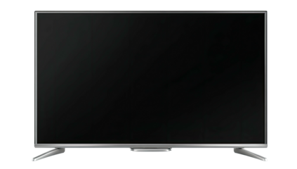 Modern silver television, screen dark. Angled feet support the sleek rectangular display