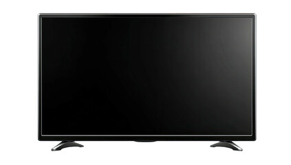 A glossy black television screen stands on silver feet against a dark background, minimalist design