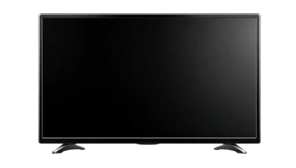 A glossy black television screen stands on silver feet against a dark background, minimalist design