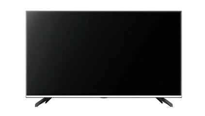 A rectangular, black screen TV sits on two silver stands against a completely black background