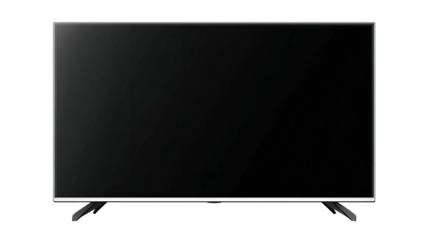 A rectangular, black screen TV sits on two silver stands against a completely black background