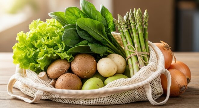 Fresh vegetables arrangement celebrating world vegan day with spinach, asparagus, and more for healthy living inspiration - Powered by Adobe