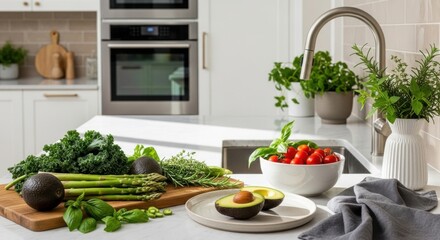 Vibrant kitchen scene celebrating world vegan day with fresh vegetables for healthy living and culinary inspiration