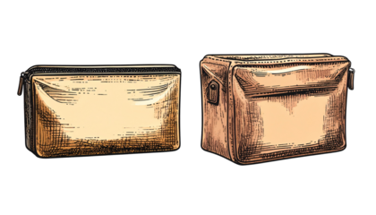 Two vintage engraving-style cosmetic pouches isolated on transparent background