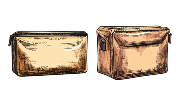Two vintage engraving-style cosmetic pouches isolated on transparent background