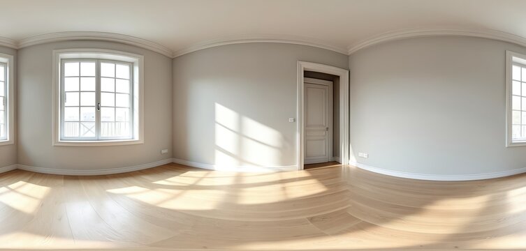 Empty bright room interior 360 panorama view. Light wood floor, grey walls, white classic windows show daylight. Sun shadows fall on parquet. Vintage door frames old home design. New home awaits