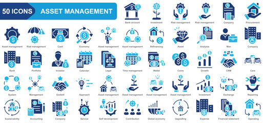 Obraz premium Asset management collection icon set. Bank account, Asset, Investment, Economy, Growth. Simple flat vector.