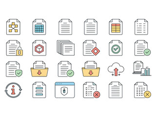 Collection of colorful document file icons depicting various information security data management and cloud computing functions in modern thin line style