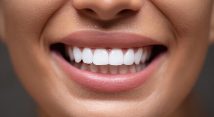 Fototapeta premium A captivating close-up showcases a radiant smile with perfectly aligned, pearly white teeth and full, healthy lips. ..Created with Generative AI, not depicting real subjects.