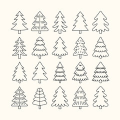 Obraz premium Vector art of collection of handdrawn christmas trees in various styles