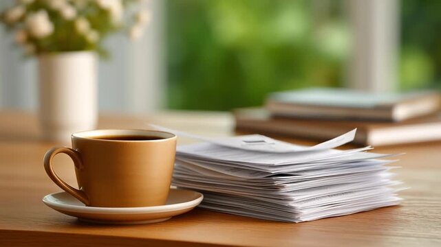 Warm cup of coffee sits on wooden desk near stack of bills in morning light symbolizing daily routine, finances and calm start of workday