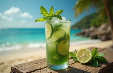 Obraz premium Tall glass of mojito drink with mint and lime sits on wooden table at sunny beach. Refreshing tropical beverage by blue ocean shore offers cool escape.