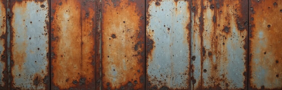 Full frame shot of rusty corrugated metal sheets with texture and dirt. Aged surface shows oxidation, scratches, and holes. Weathered material offers a grunge backdrop for design projects.
