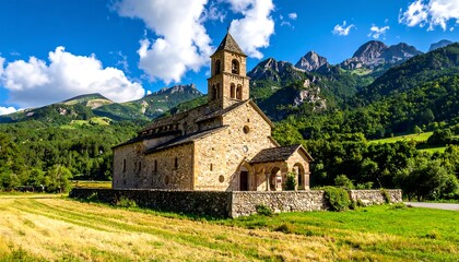 Fototapeta premium A medieval church stands beneath mountains and a bright blue sky
