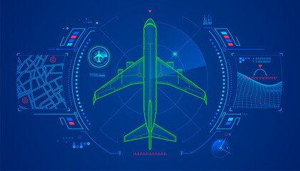 concept of air traffic control or  radar technology, graphic of airplane with futuristic aviation interface