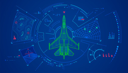 concept of military technology, graphic of air fighter with futuristic interface