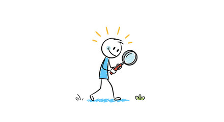 Obraz premium A curious stick figure person excitedly searches for something small and green with a magnifying glass.