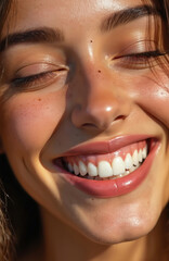 Obraz premium Close-up of a smiling woman with healthy white teeth and freckles. She has a warm and genuine expression with closed eyes enjoying the moment.