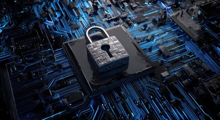 A detailed depiction of a padlock atop a sophisticated circuit board, symbolizing cyber security in a digital landscape. ..Created with Generative AI, not depicting real subjects.