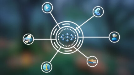 Abstract glowing circular interface with a network of connected people icons at its center against a blurred dark blue and green background symbolizing digital communication and global connectivity - Powered by Adobe