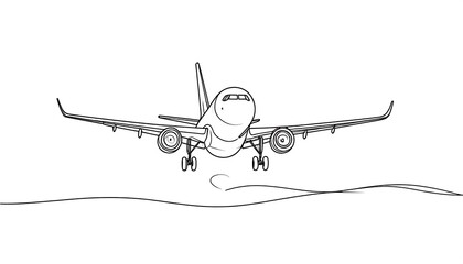 A stylized illustration of a passenger plane in a front-facing view with landing gear deployed. The plane is about to touch down