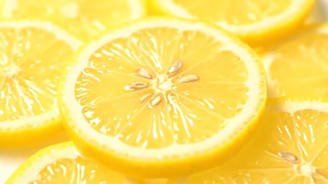 Close up of fresh lemon slices arranged in a vibrant pattern.