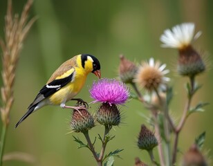American goldfinch perches on thistle blossom, gathering seeds. Small bird with bright yellow plumage and black markings eats from purple wild flower.