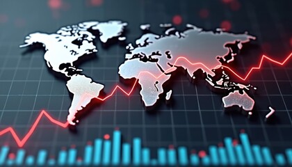 World map with red falling line over with stock chart. Global economic crisis, recession, worldwide financial problem, market crash, investment risk. Shows economy downturn, market volatility.