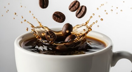 Coffee beans splashing into a white cup of black coffee