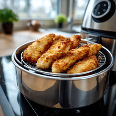Crispy chicken tender cooking in stainless steel air fryer basket, golden breaded coating, kitchen countertop, natural daylight