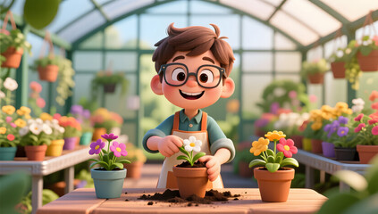 Arbor Day theme cheerful boy happily planting flowers in greenhouse