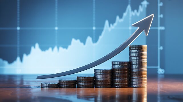 Stacked coins with upward arrow graph showing financial growth and business success
