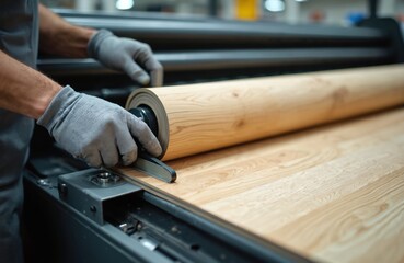 Person uses a cutting machine to trim linoleum. The wood texture vinyl flooring is prepared for sale. Flooring product installation work happens at factory or store.