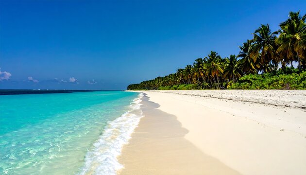 A pristine tropical beach scene with crystal clear turquoise water meeting a white sandy shore, and lush green palm trees