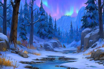 Winter landscape with northern lights over snowy trees, stream