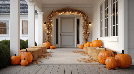 Obraz premium Pumpkin arch autumn front porch with hay bale seating, string lights, fallen leaves, and cozy seasonal decor