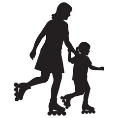 Black Vector Silhouette of Adult and Child Roller Skating, White Background