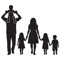 Black Silhouette Vector Illustration of a Family Walking Together