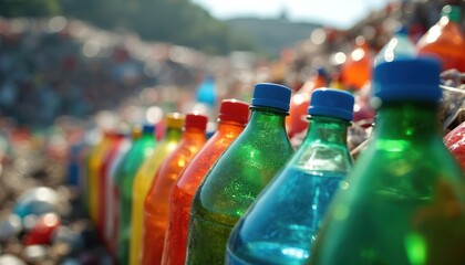 Colorful plastic bottles stand in long bright row. Used containers ready for recycling. Many plastic materials pollute environment. Waste causes big problems for planet. Global issue needs urgent